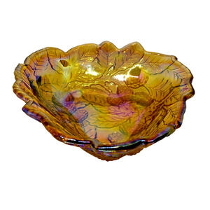 Indiana Iridescent Carnival Glass Amber Marigold Loganberry Nut Candy Dish